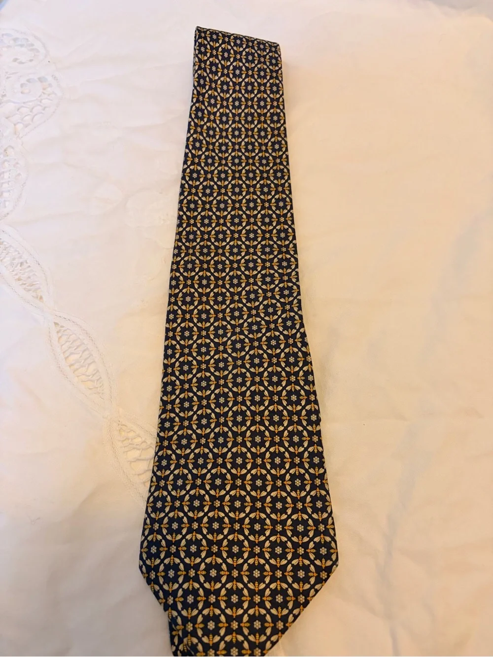 Salvatore Ferragamo Navy and Yellow Geometric Silk Tie